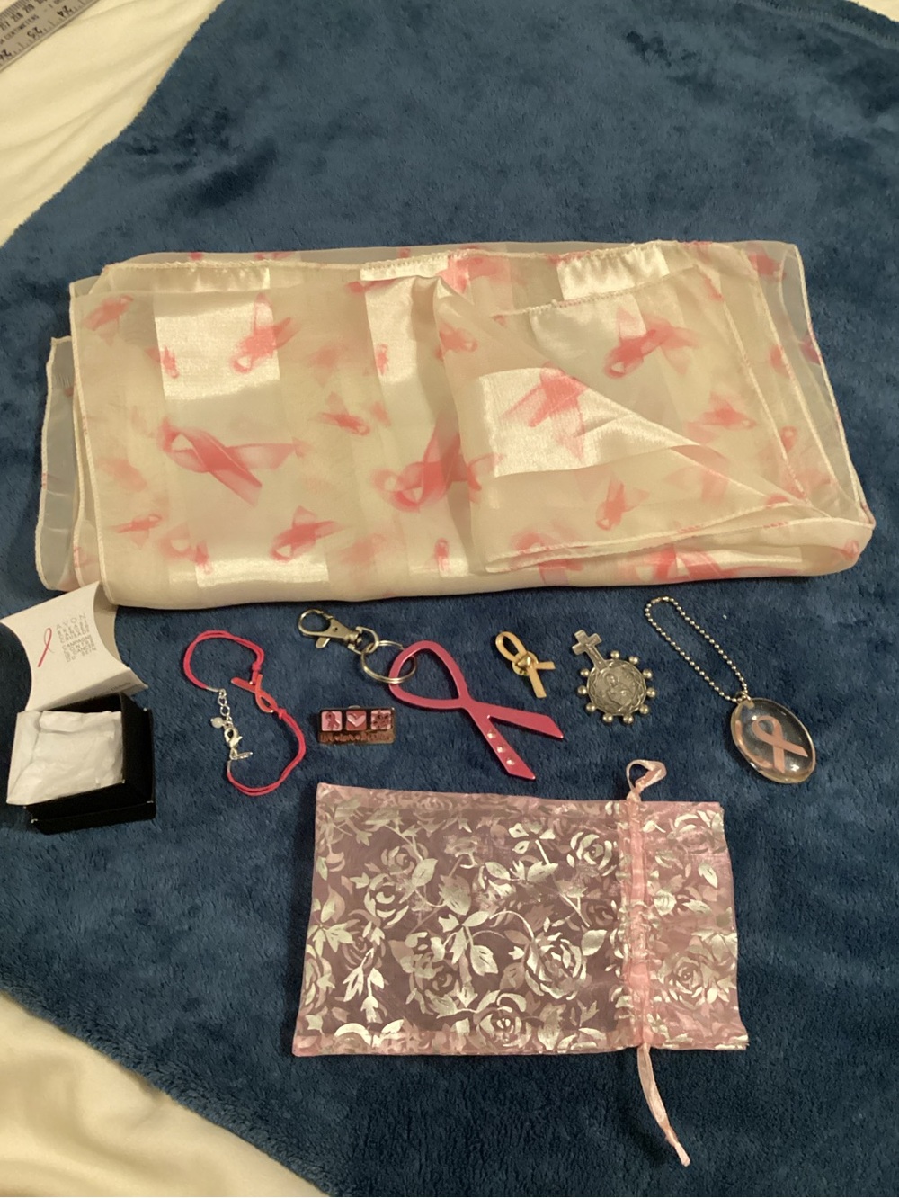 Group: Pink Ribbon Items: Scarf, Bracelet, 2 Pins, Medallion & 2 Keychains
